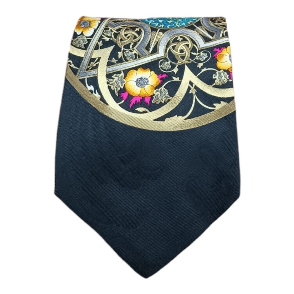LEONARD PARIS Black Art Silk Tie ITALY 58"/ 3.8" EC
